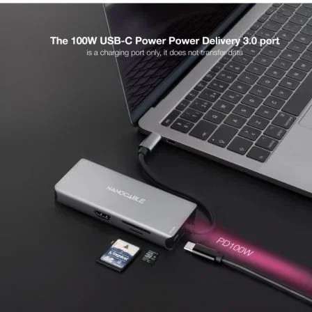 Nano Cable 10.16.1009 - Hub USB-C 9 en 1 Docking Station, 3xUSB 3.0/2xHDMI 4K@30Hz/RJ45 Gigabit/Lector SD-TF/USB-C PD 100W, Aluminio Gris 15 cm